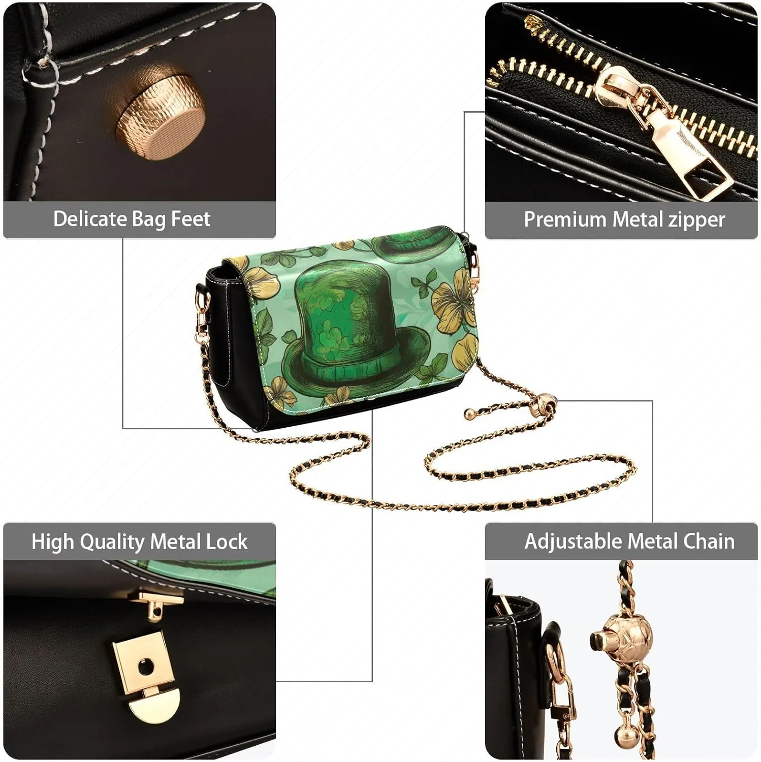 Leprechaun Hat and Clover Medium Leather Crossbody Bag, Leather Crossbody Bags, Shoulder Bags for Women Medium Size