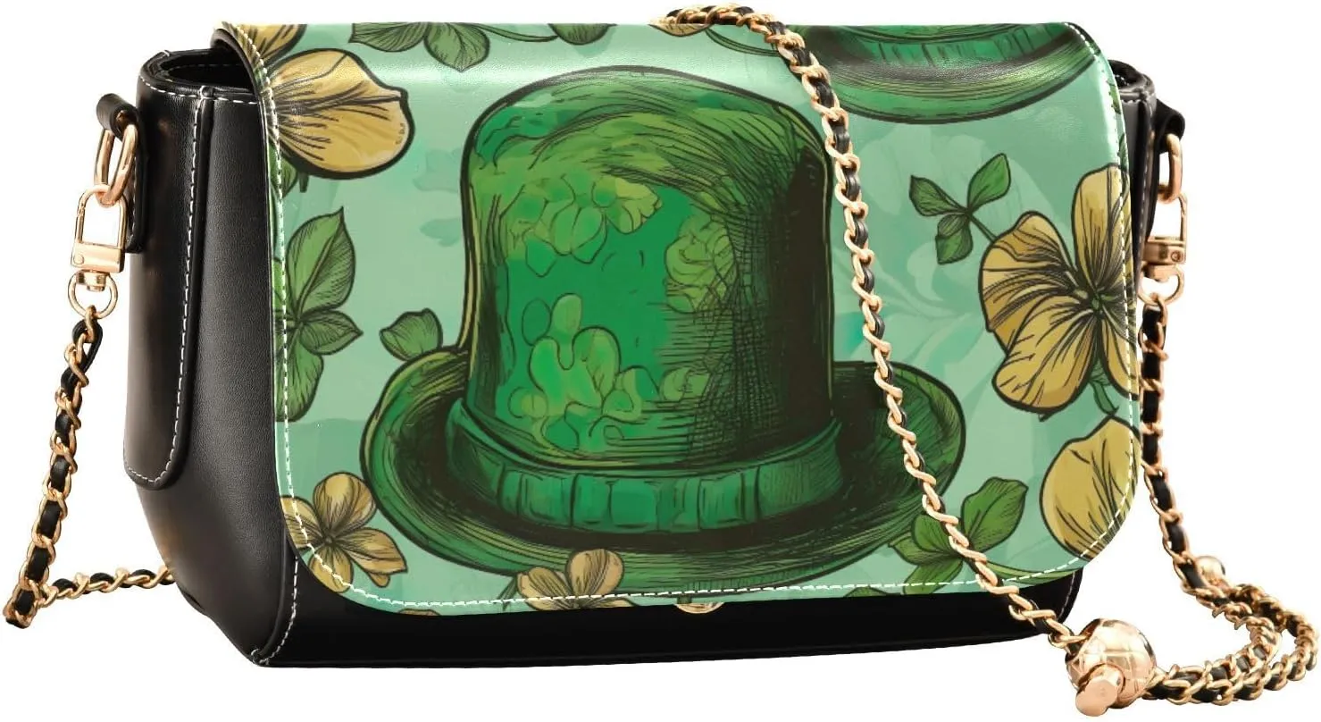 Leprechaun Hat and Clover Medium Leather Crossbody Bag, Leather Crossbody Bags, Shoulder Bags for Women Medium Size