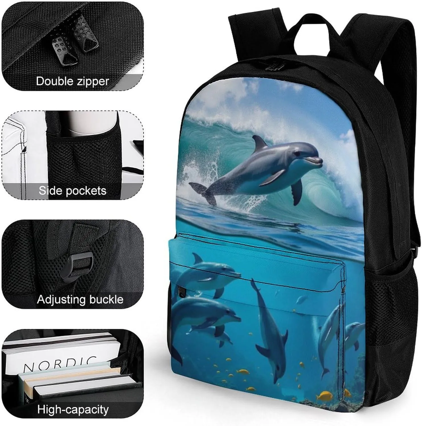 Lightweight Daypack Backpack for Trekking Work Running - Big Capacity Multipurpose Anti-Theft Bookbag, Blue Sea Great Ocean Wave Jumping Dolphin Business Computer Bag