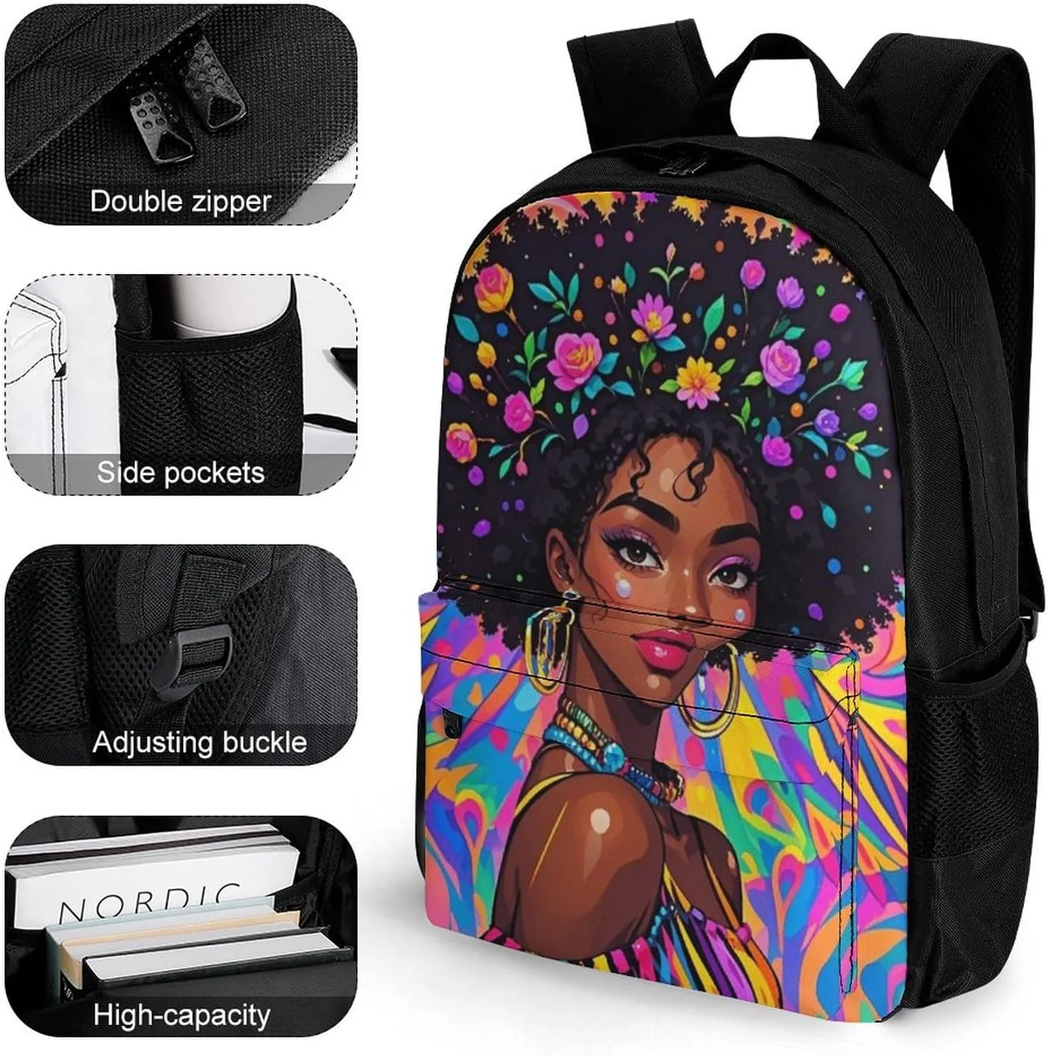 Lightweight Daypack Backpack for Trekking Work Running - Big Capacity Multipurpose Anti-Theft Bookbag, Chic Cartoon Black Woman African American Woman Art Business Computer Bag
