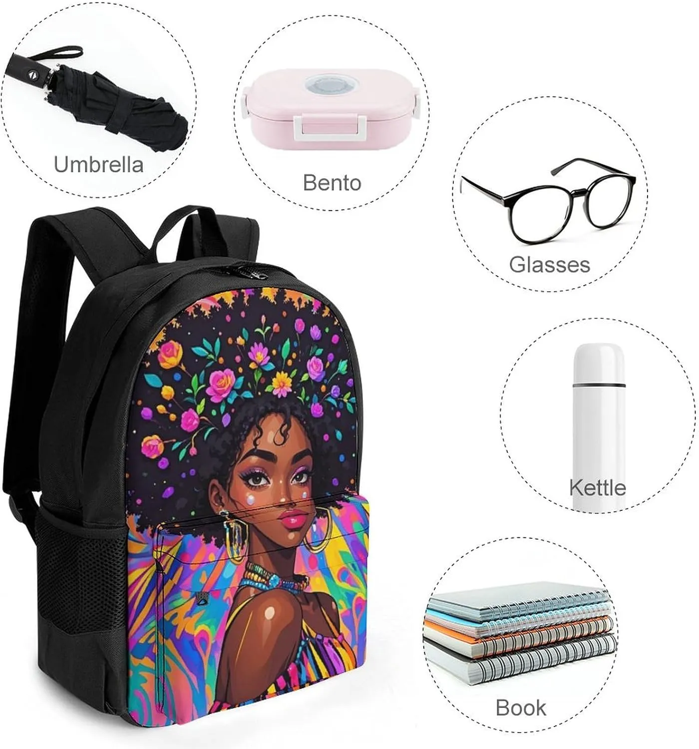 Lightweight Daypack Backpack for Trekking Work Running - Big Capacity Multipurpose Anti-Theft Bookbag, Chic Cartoon Black Woman African American Woman Art Business Computer Bag