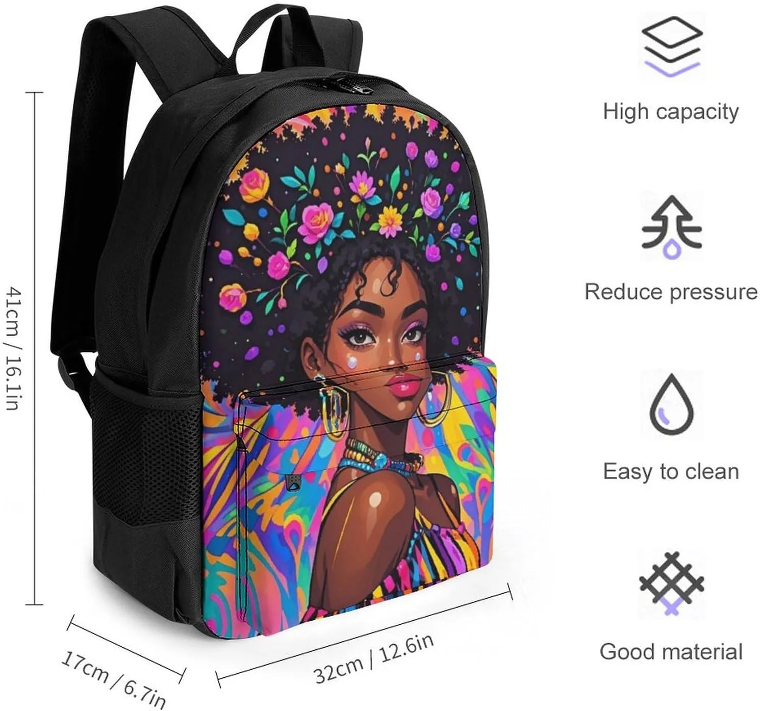 Lightweight Daypack Backpack for Trekking Work Running - Big Capacity Multipurpose Anti-Theft Bookbag, Chic Cartoon Black Woman African American Woman Art Business Computer Bag