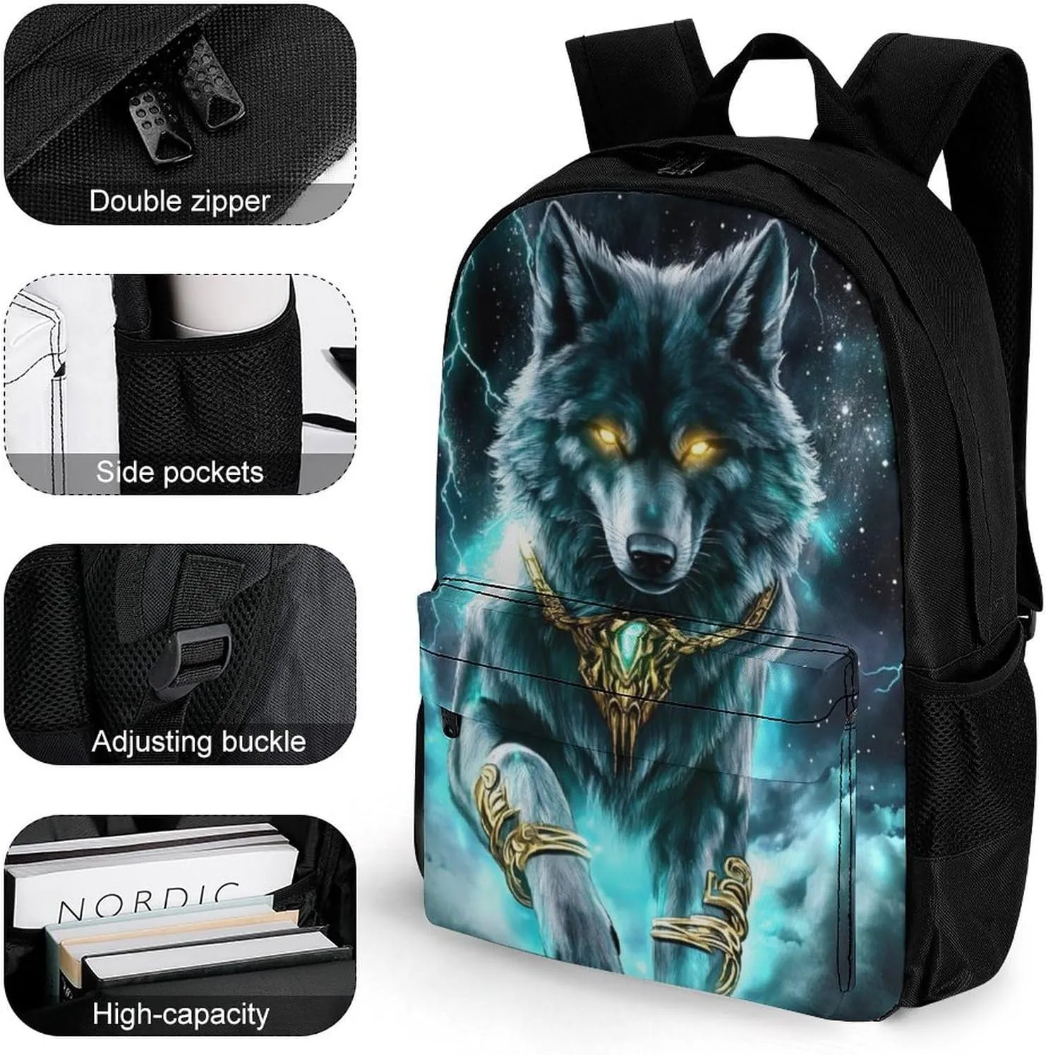 Lightweight Daypack Backpack for Trekking Work Running - Big Capacity Multipurpose Anti-Theft Bookbag, Cool Lightnings Cyan Wolf Business Computer Bag