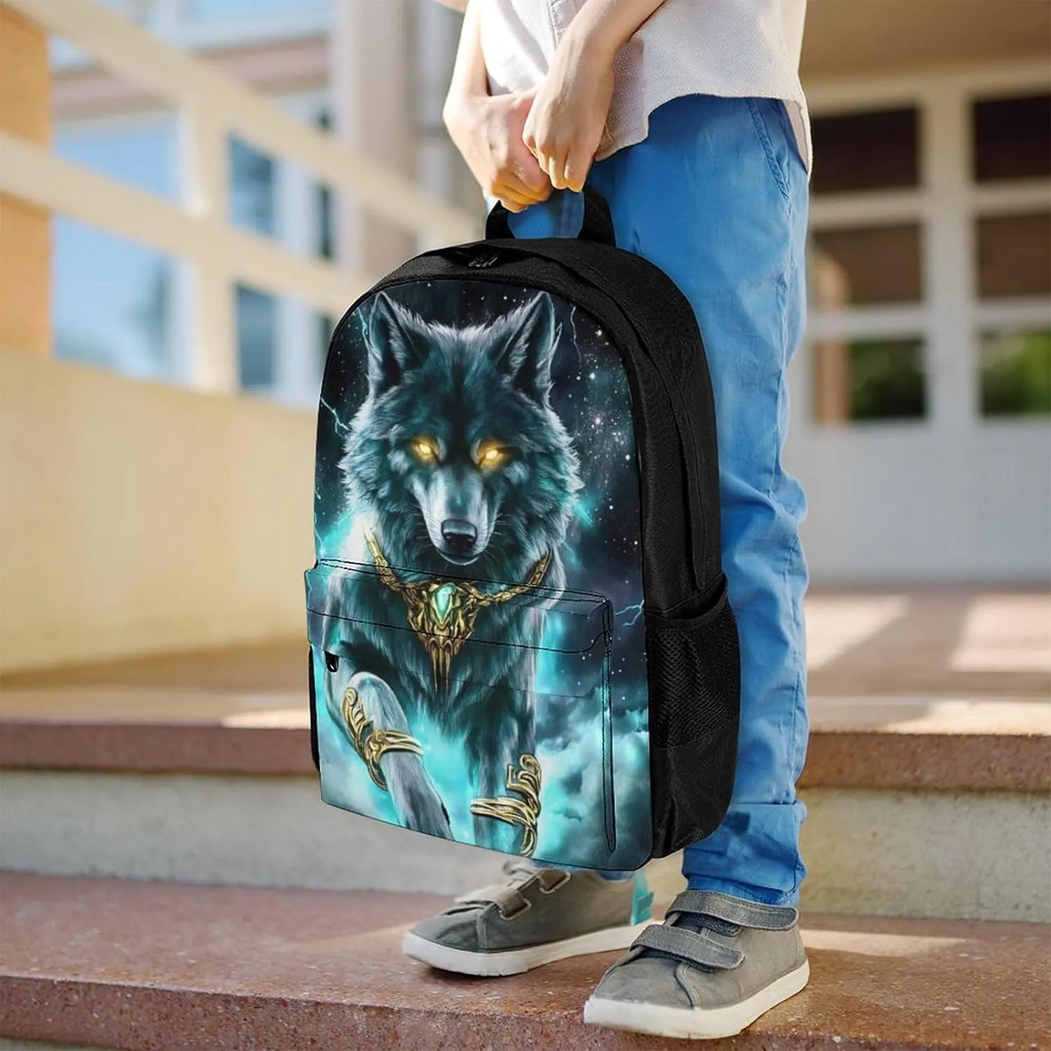 Lightweight Daypack Backpack for Trekking Work Running - Big Capacity Multipurpose Anti-Theft Bookbag, Cool Lightnings Cyan Wolf Business Computer Bag