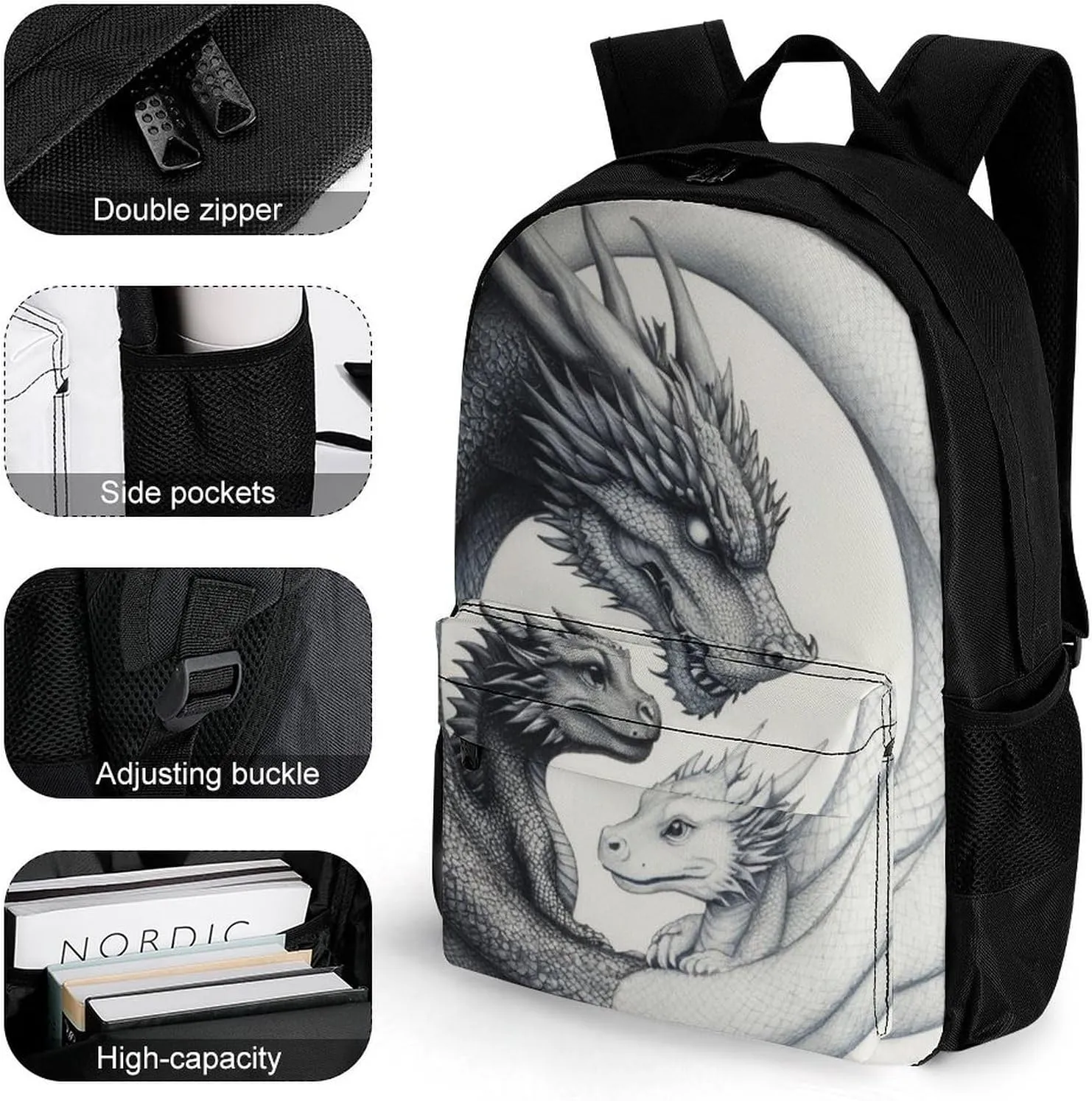 Lightweight Daypack Backpack for Trekking Work Running - Big Capacity Multipurpose Anti-Theft Bookbag, Dragon Yin Yang Business Computer Bag