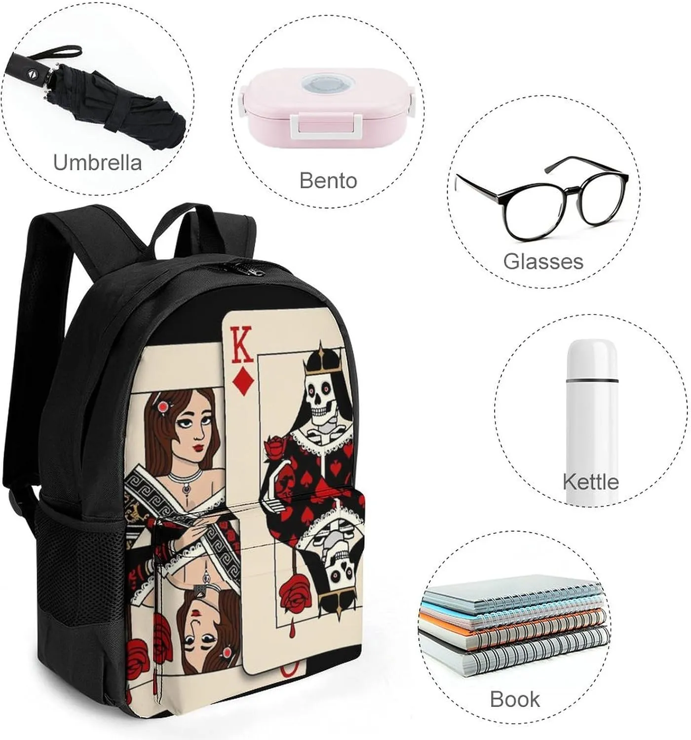 Lightweight Daypack Backpack for Trekking Work Running - Big Capacity Multipurpose Anti-Theft Bookbag, Poker Card Queen King Art Business Computer Bag