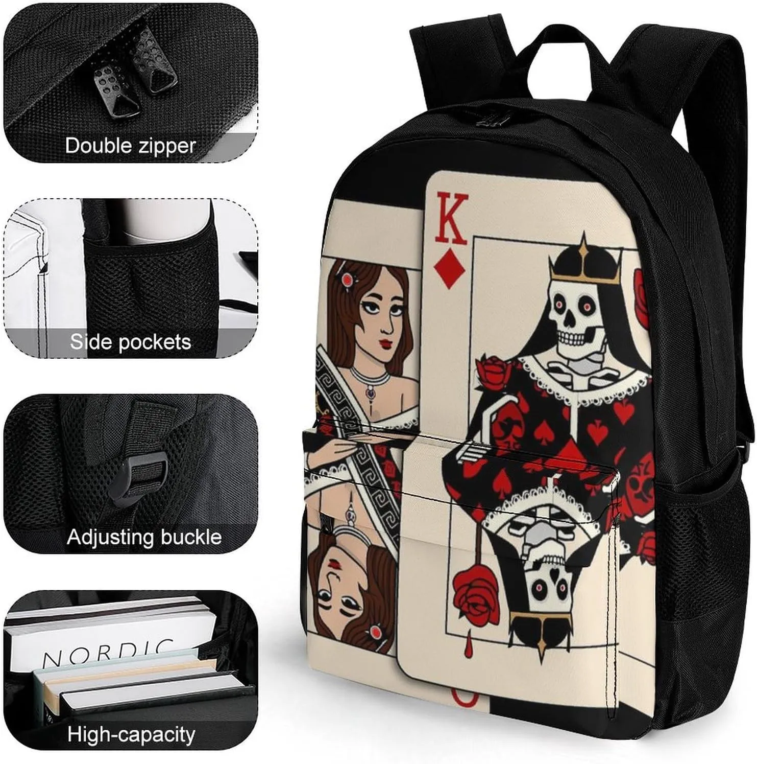 Lightweight Daypack Backpack for Trekking Work Running - Big Capacity Multipurpose Anti-Theft Bookbag, Poker Card Queen King Art Business Computer Bag