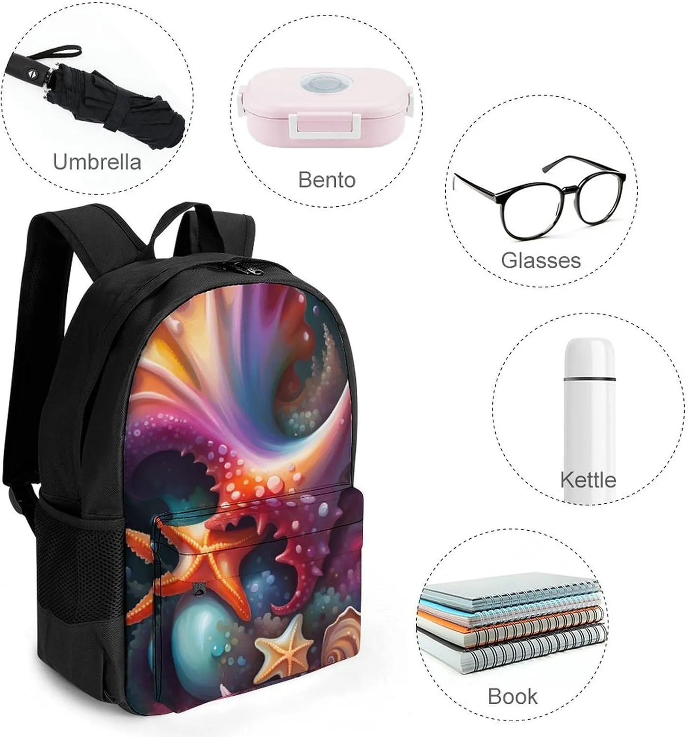 Lightweight Daypack Backpack for Trekking Work Running - Big Capacity Multipurpose Anti-Theft Bookbag, Starfish Conch Seashell Art Business Computer Bag
