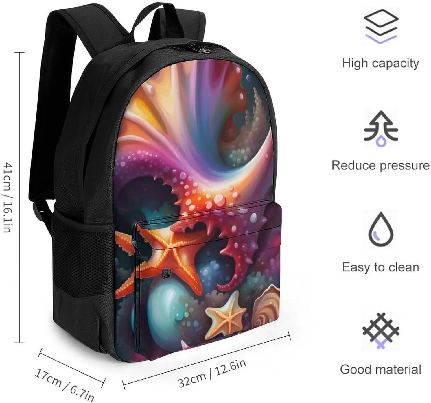 Lightweight Daypack Backpack for Trekking Work Running - Big Capacity Multipurpose Anti-Theft Bookbag, Starfish Conch Seashell Art Business Computer Bag