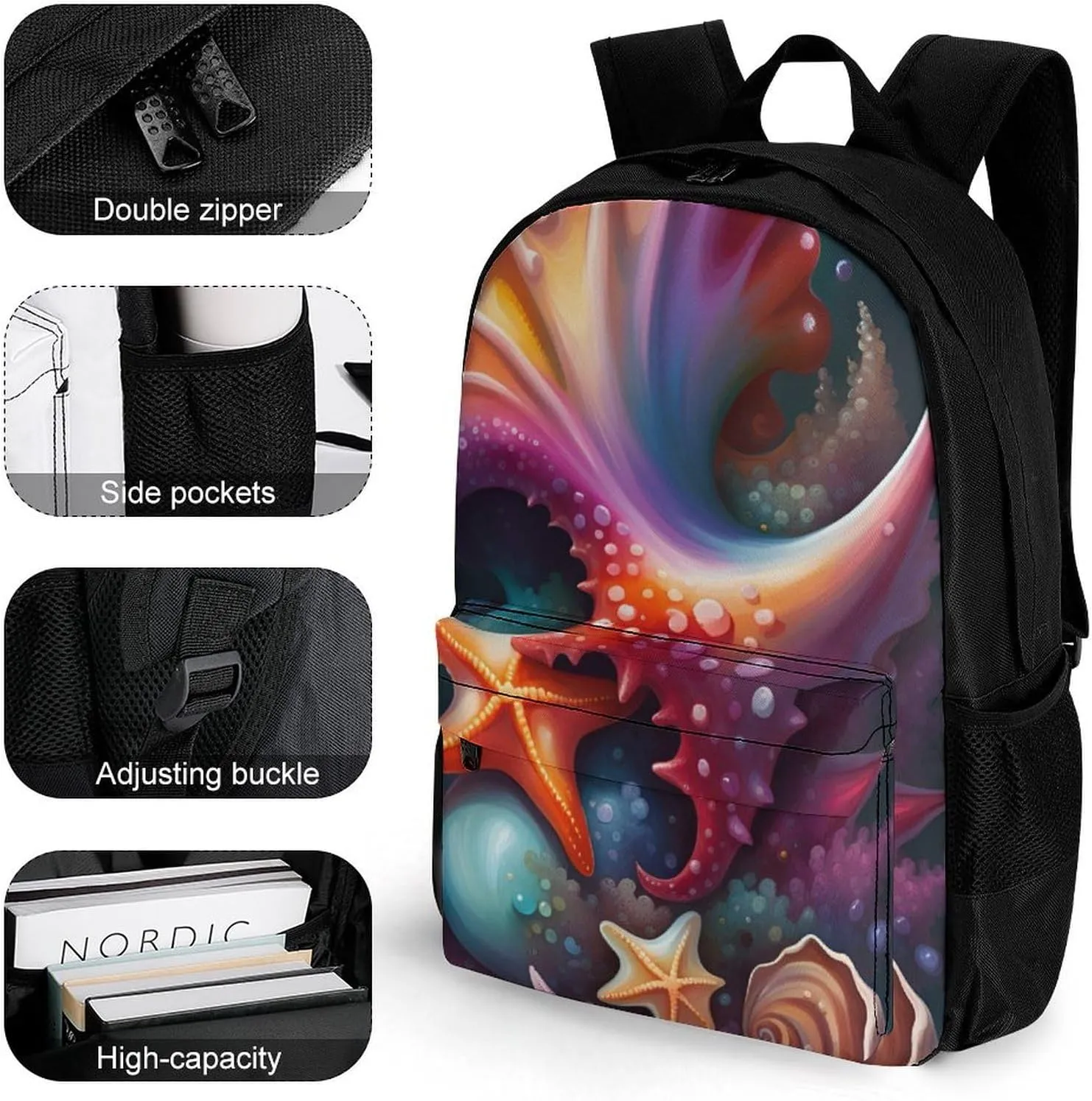 Lightweight Daypack Backpack for Trekking Work Running - Big Capacity Multipurpose Anti-Theft Bookbag, Starfish Conch Seashell Art Business Computer Bag