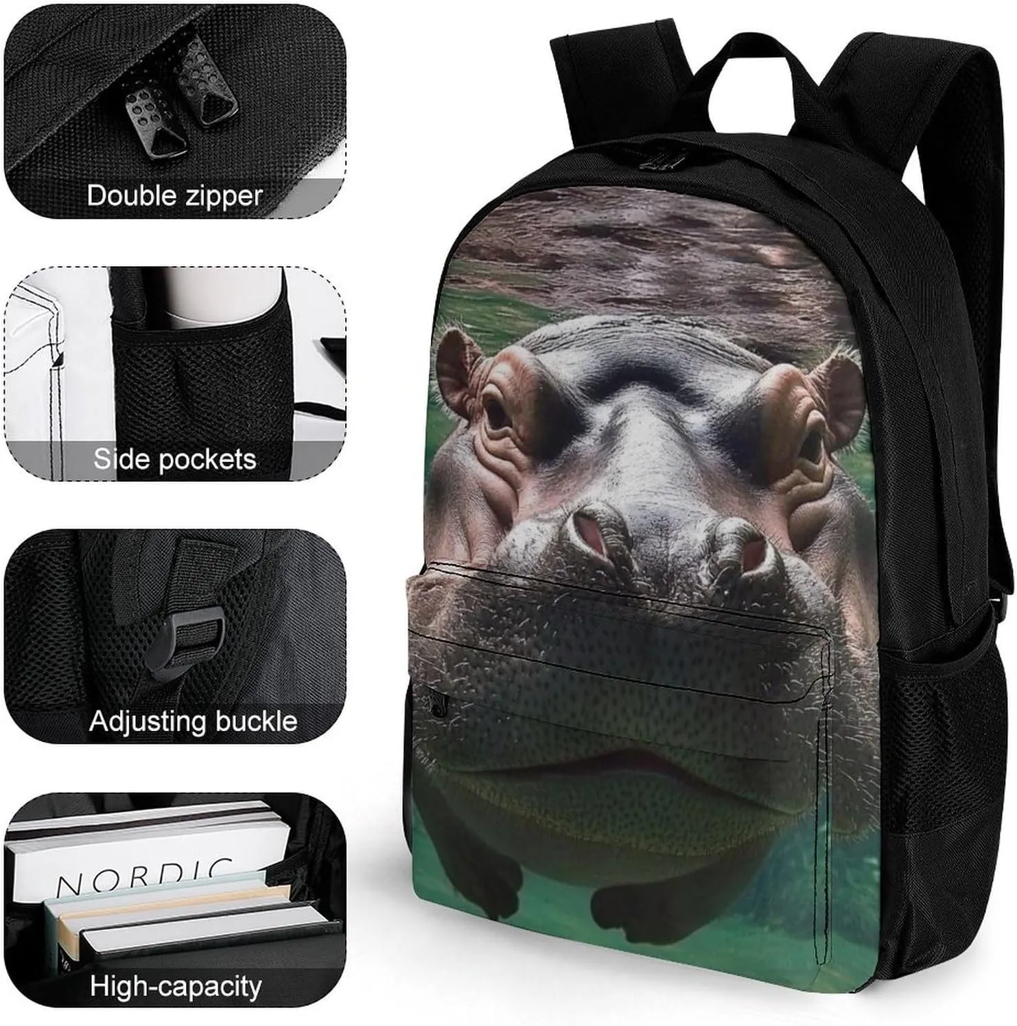 Lightweight Daypack Bookbag for Trekking Business Walking Cycling - Big Capacity Anti-Theft Multipurpose Carry On Bag, Cute Funny Diving Hippo Business Computer Bag