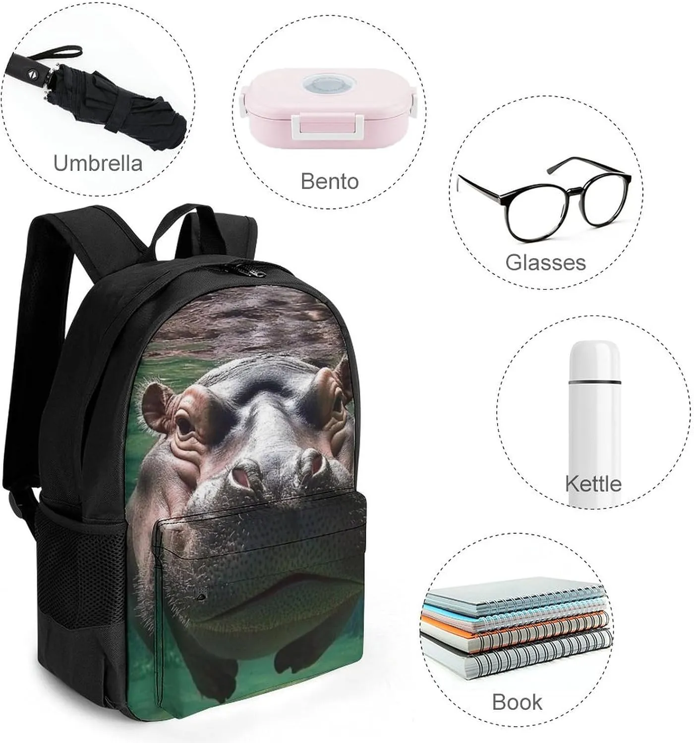 Lightweight Daypack Bookbag for Trekking Business Walking Cycling - Big Capacity Anti-Theft Multipurpose Carry On Bag, Cute Funny Diving Hippo Business Computer Bag