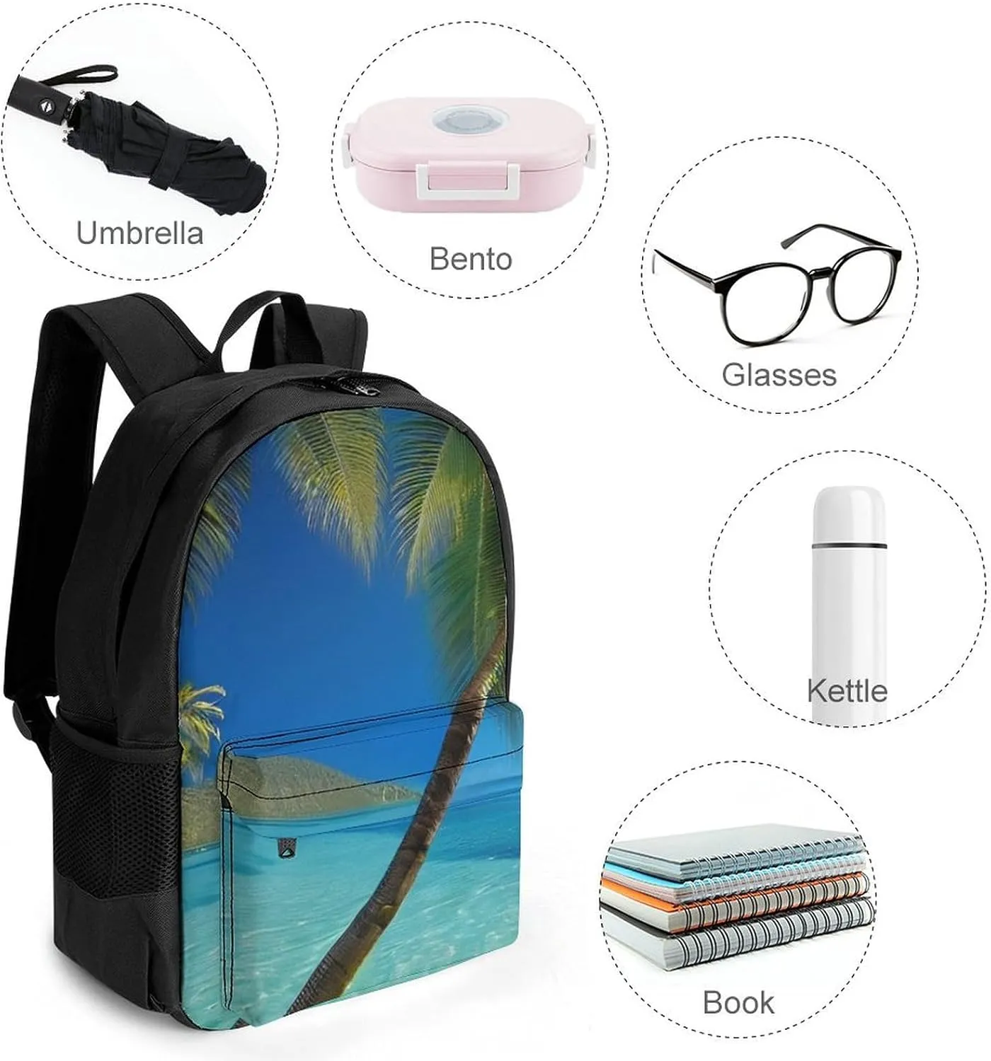 Lightweight Daypack for Camping Business Walking Cycling - Large Capacity Anti-Theft Multipurpose Bookbag, Tropical Island With Palm Trees And Bright Sea Beach Art Gym Outdoor Hiking Backpack
