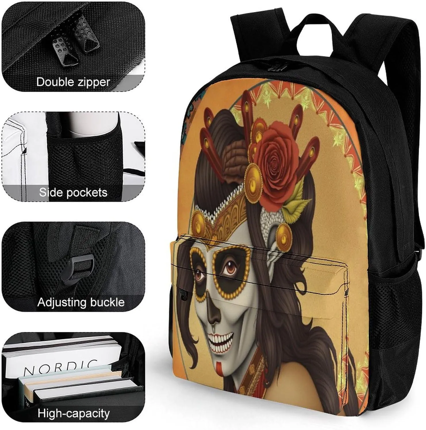 Lightweight Rucksacks for Camping Picnic Walking Cycling - Large Capacity Multipurpose Anti-Theft Carry On Bag, Artistic Sugar Skull Dead Women Art Travel Hiking & Camping Rucksack
