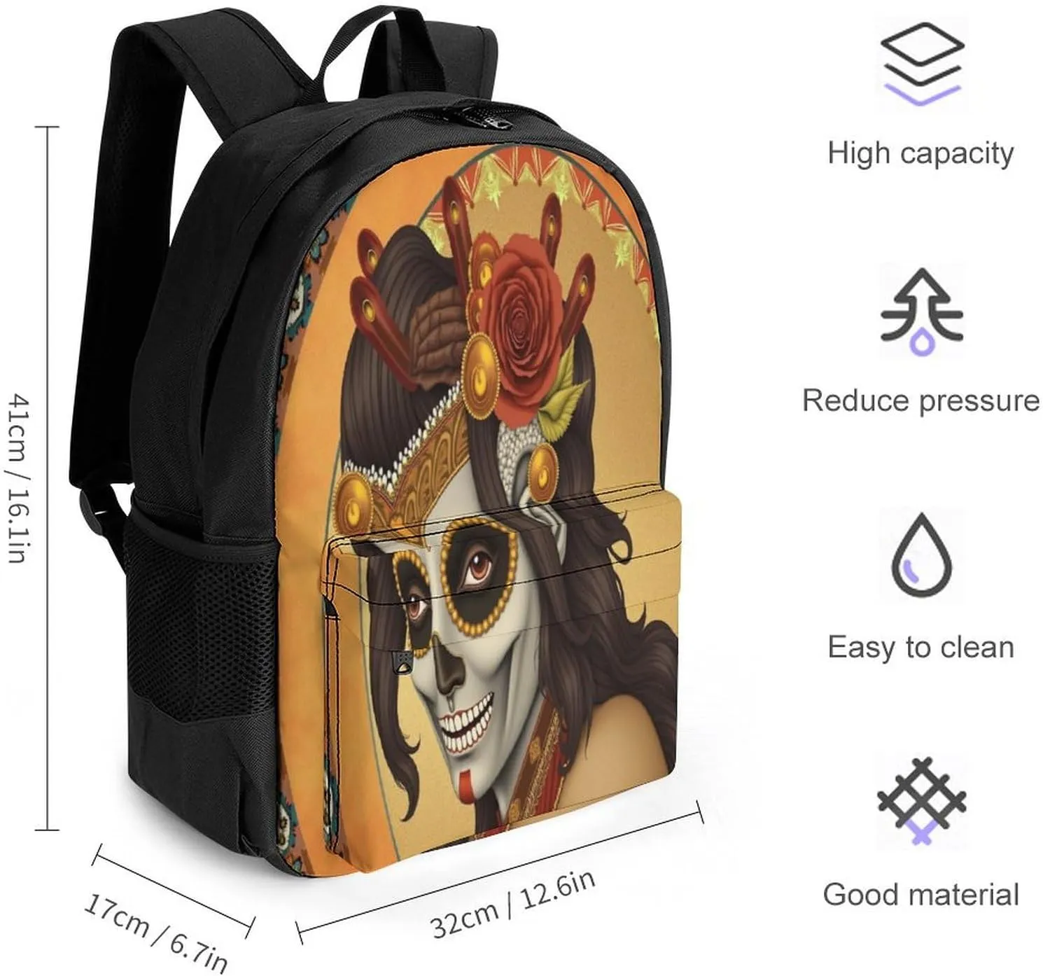 Lightweight Rucksacks for Camping Picnic Walking Cycling - Large Capacity Multipurpose Anti-Theft Carry On Bag, Artistic Sugar Skull Dead Women Art Travel Hiking & Camping Rucksack