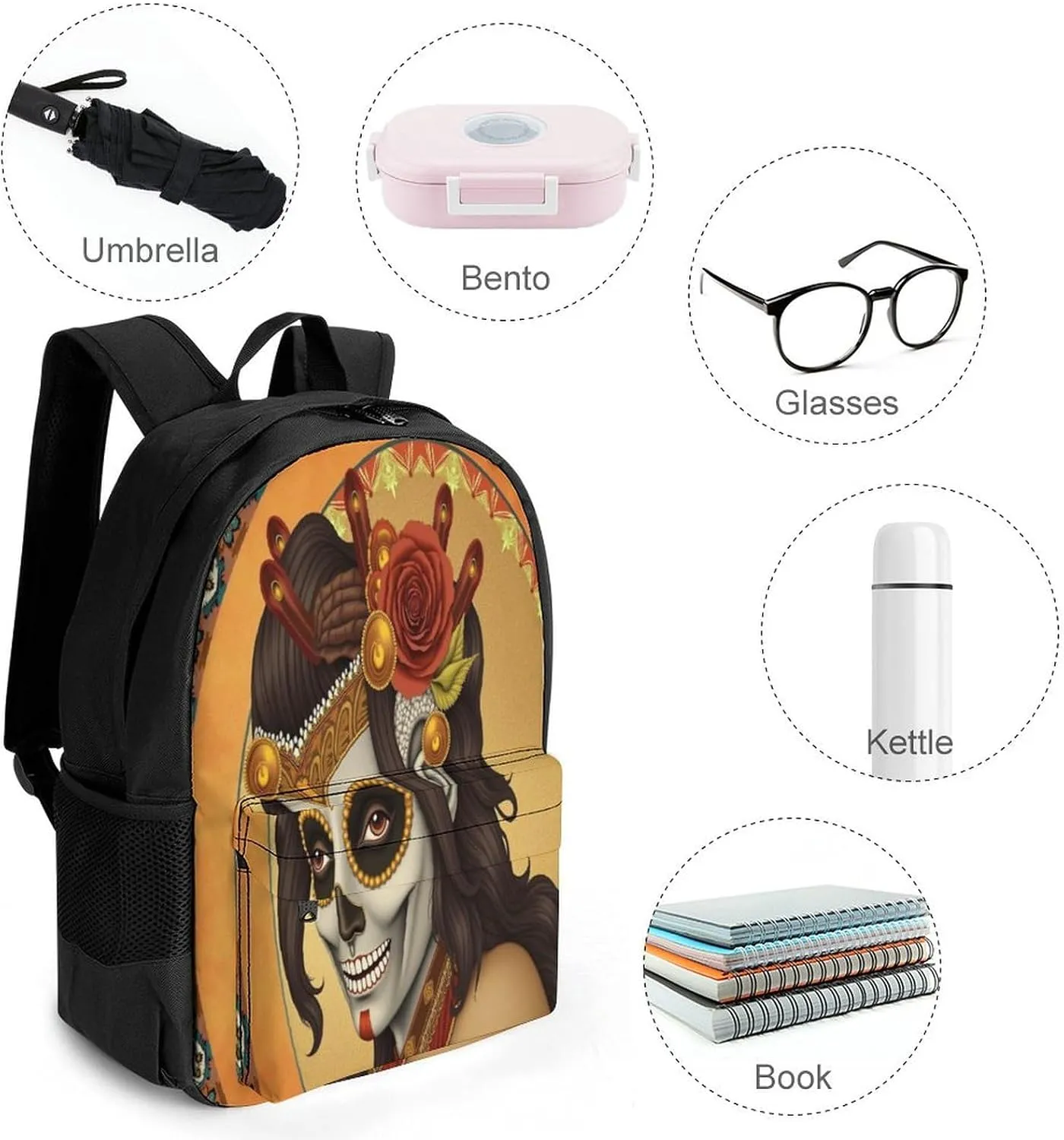 Lightweight Rucksacks for Camping Picnic Walking Cycling - Large Capacity Multipurpose Anti-Theft Carry On Bag, Artistic Sugar Skull Dead Women Art Travel Hiking & Camping Rucksack
