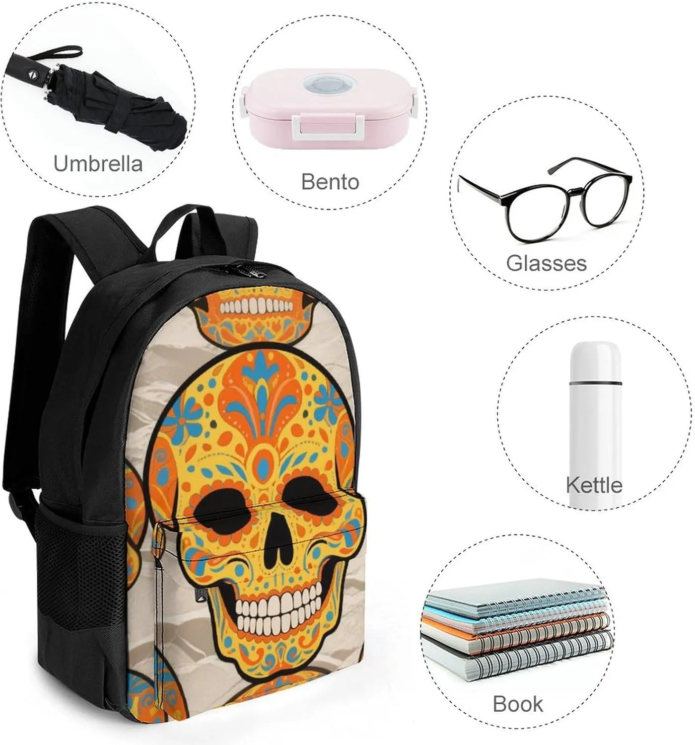 Lightweight Rucksacks for Climbing Outdoors Walking Cycling - Large Capacity Anti-Theft Multipurpose Carry On Bag, Mexican Sugar Skull Flower Art Camping Outdoor Backpack