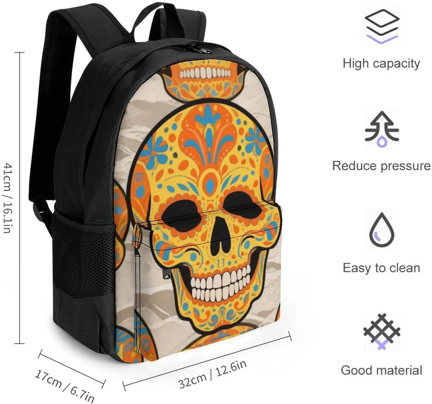 Lightweight Rucksacks for Climbing Outdoors Walking Cycling - Large Capacity Anti-Theft Multipurpose Carry On Bag, Mexican Sugar Skull Flower Art Camping Outdoor Backpack