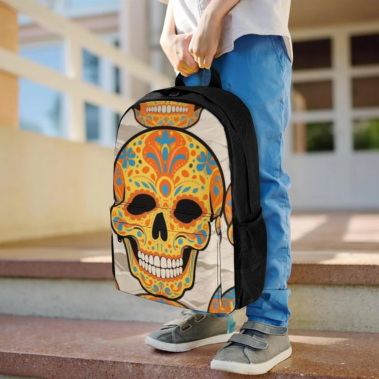 Lightweight Rucksacks for Climbing Outdoors Walking Cycling - Large Capacity Anti-Theft Multipurpose Carry On Bag, Mexican Sugar Skull Flower Art Camping Outdoor Backpack