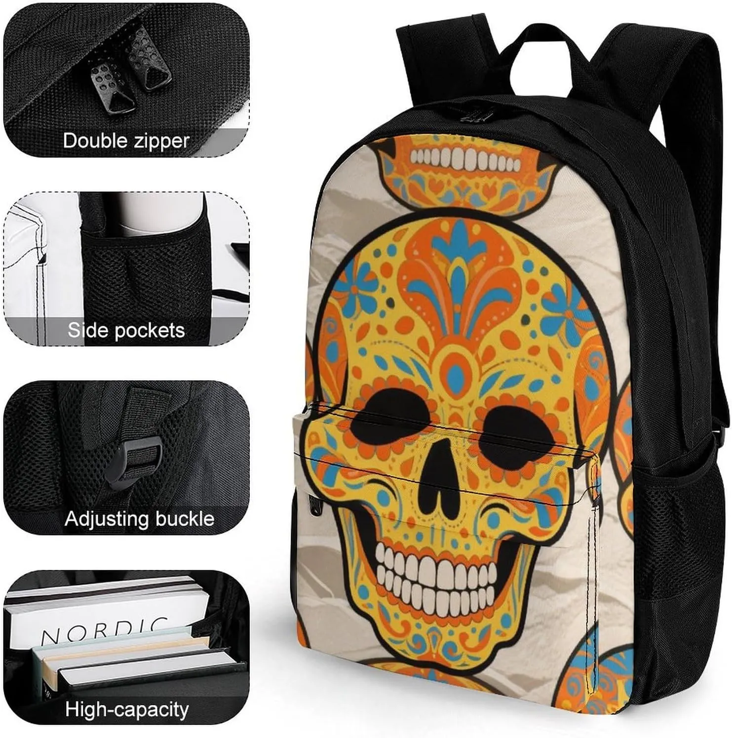 Lightweight Rucksacks for Climbing Outdoors Walking Cycling - Large Capacity Anti-Theft Multipurpose Carry On Bag, Mexican Sugar Skull Flower Art Camping Outdoor Backpack