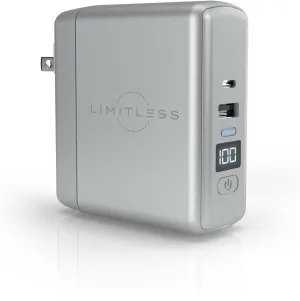 Limitless PowerPro Go 10,000mAh Power Bank 3-in-1 Wall Charger with Type-C Power Delivery, USB-A, & Qi Wireless Charging, Digital Display & Fast Charging for iPhone Android, Samsung (Silver)