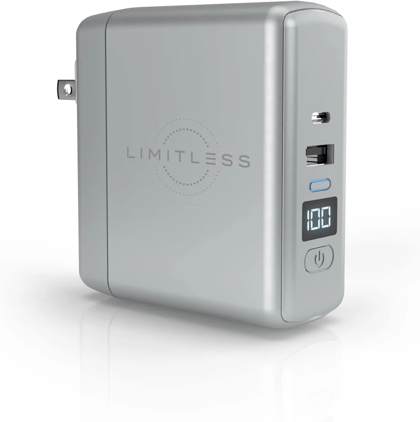 Limitless PowerPro Go 10,000mAh Power Bank 3-in-1 Wall Charger with Type-C Power Delivery, USB-A, & Qi Wireless Charging, Digital Display & Fast Charging for iPhone Android, Samsung (Silver)
