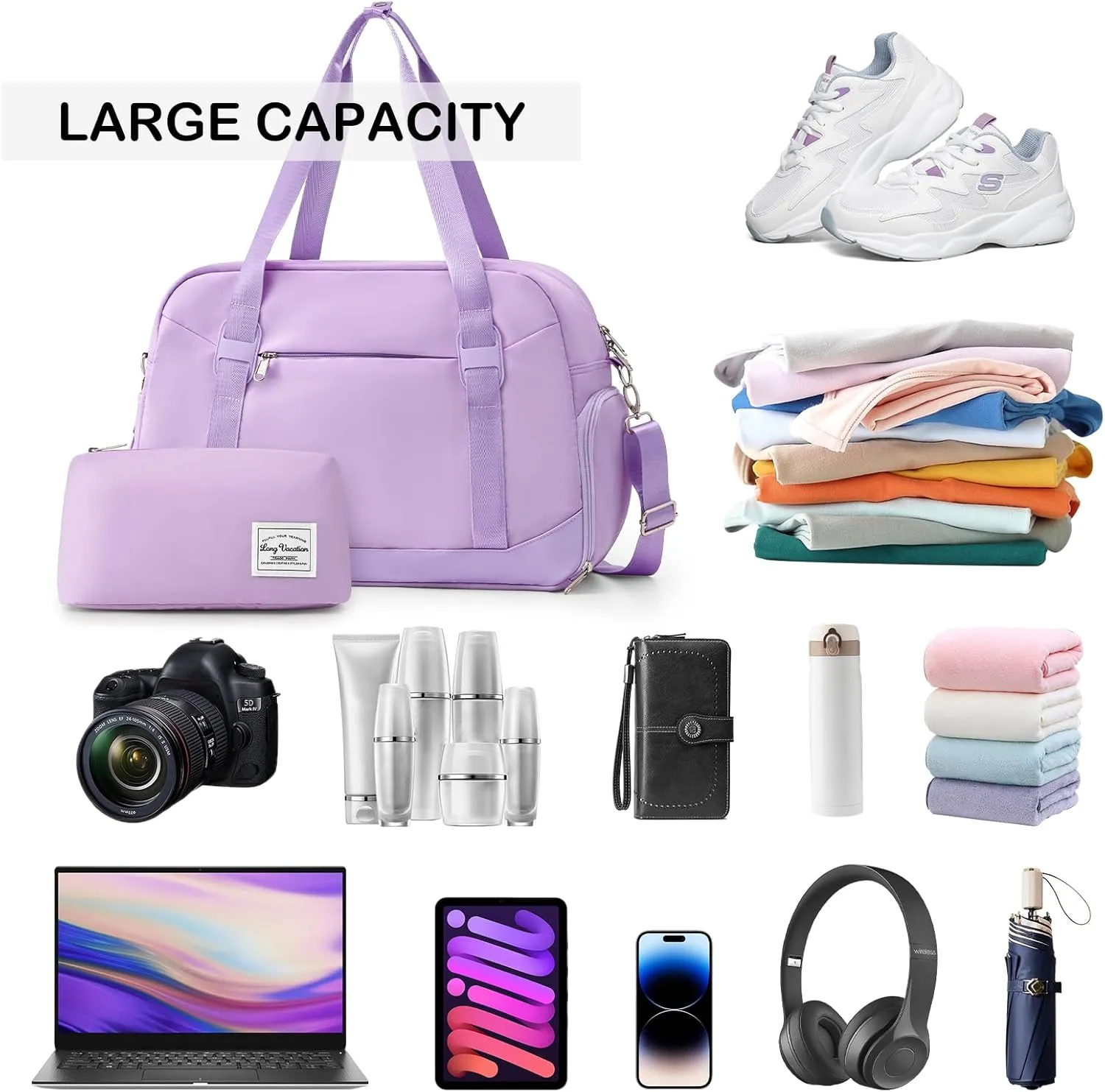 LONG VACATION Women's Travel Duffel Bag with Toiletry Bag, Sports Gym Bag Weekendeer Carry-on Tote with Shoe Compartment and Wet Pocket, Yoga Bag Fit 15.6inch Laptop (Purple, 18 inch)