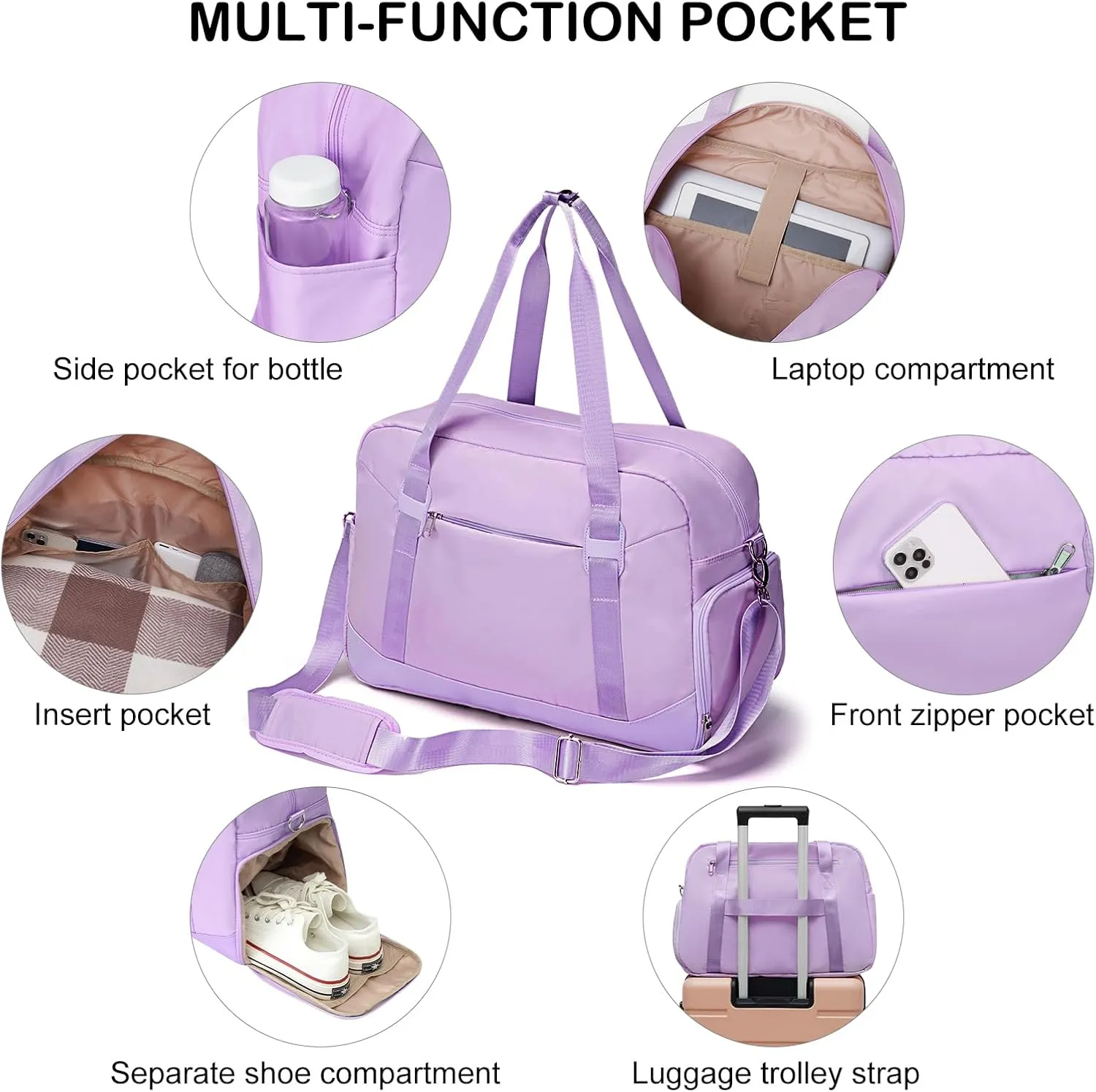 LONG VACATION Women's Travel Duffel Bag with Toiletry Bag, Sports Gym Bag Weekendeer Carry-on Tote with Shoe Compartment and Wet Pocket, Yoga Bag Fit 15.6inch Laptop (Purple, 18 inch)