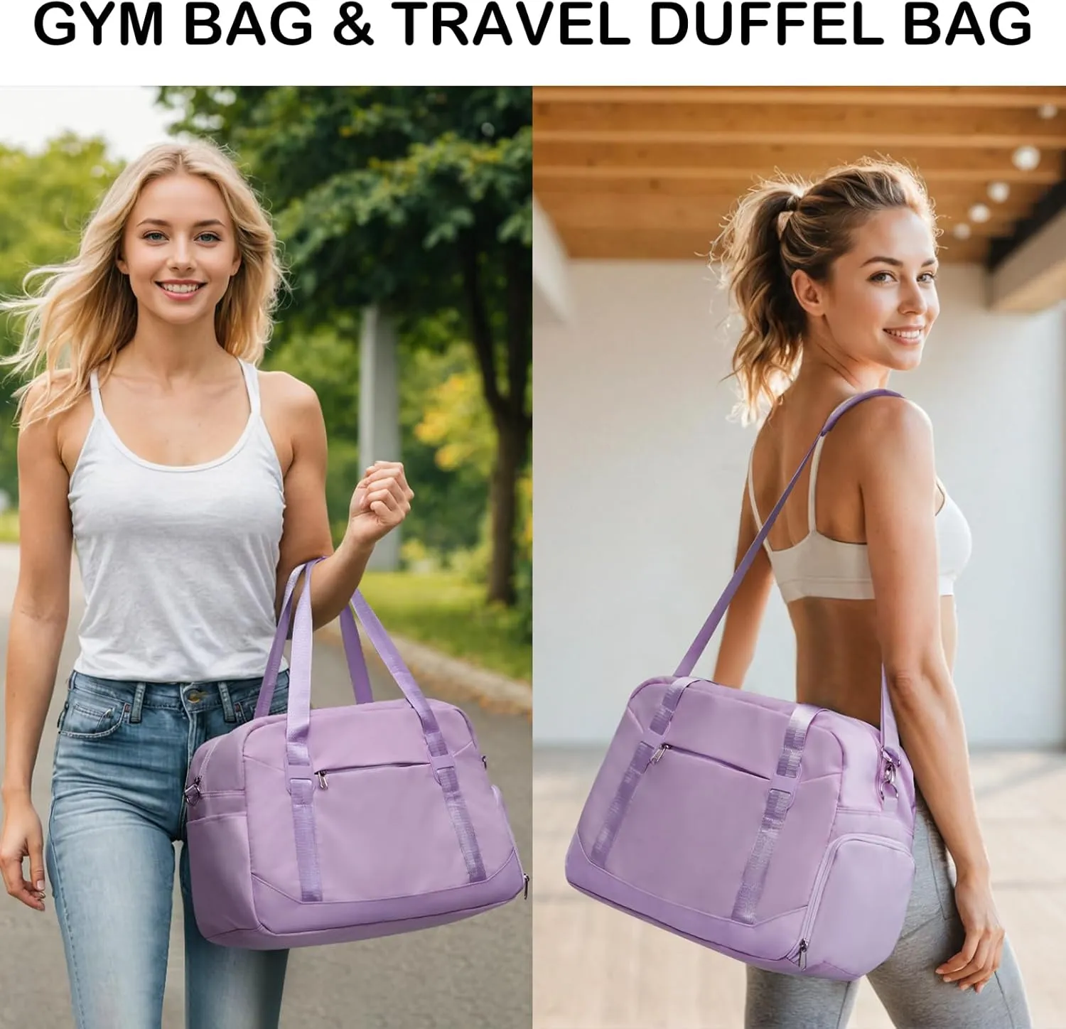 LONG VACATION Women's Travel Duffel Bag with Toiletry Bag, Sports Gym Bag Weekendeer Carry-on Tote with Shoe Compartment and Wet Pocket, Yoga Bag Fit 15.6inch Laptop (Purple, 18 inch)