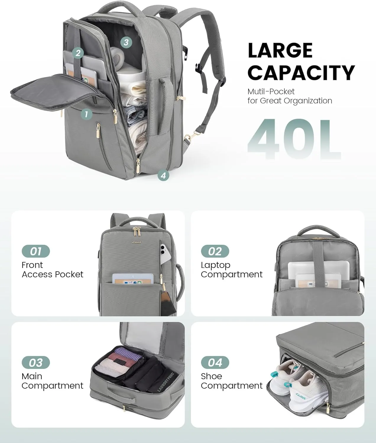 LOVEVOOK 40L Travel Backpack With 3 Packing Cubes Expandable Large Laptop Backpack Women Waterproof Backpack Waterproof Daypack Travel Bag TSA Fit 17inch Laptop Luggage With USB Charging Port