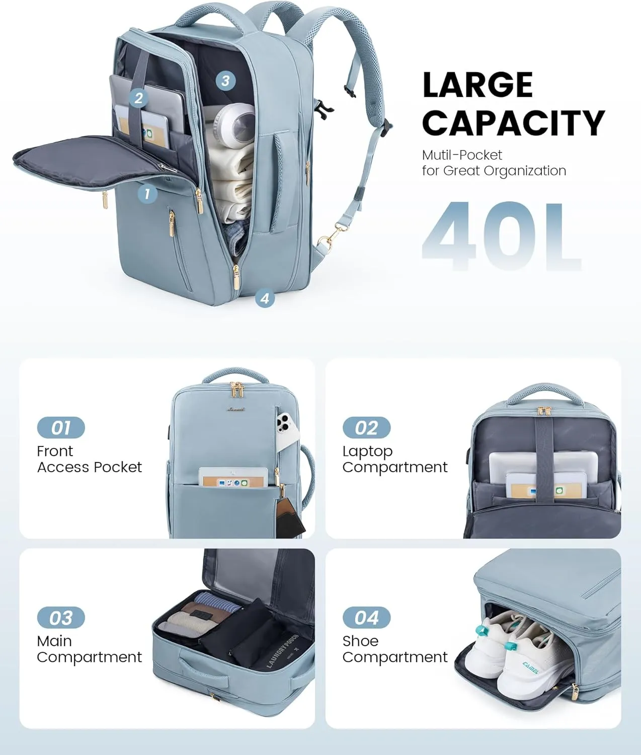 LOVEVOOK 40L Travel Backpack With 3 Packing Cubes Expandable Large Laptop Backpack Women Waterproof Backpack Waterproof Daypack Travel Bag TSA Fit 17inch Laptop Luggage With USB Charging Port