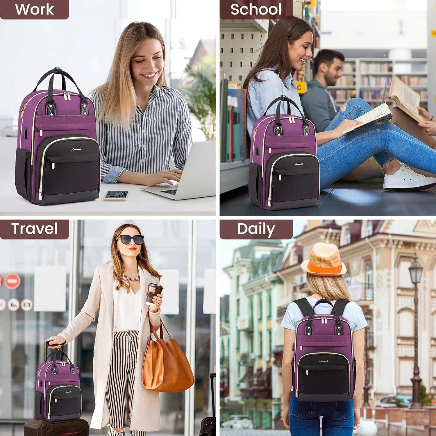 LOVEVOOK Backpack for Women,Laptop Backpack Women,Fits 17 Inch Laptop Bag,Fashion Travel Work Anti-theft Bag,Waterproof Business Computer College Teacher Backpack Purse Daypack, Purple-Black-Black