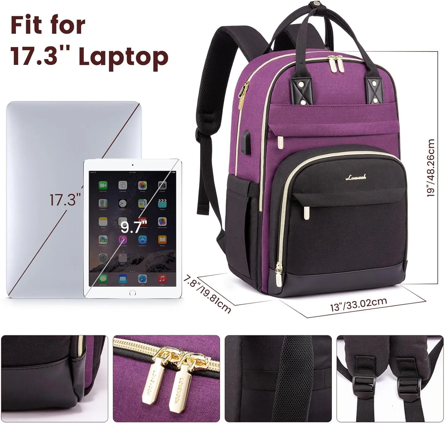 LOVEVOOK Backpack for Women,Laptop Backpack Women,Fits 17 Inch Laptop Bag,Fashion Travel Work Anti-theft Bag,Waterproof Business Computer College Teacher Backpack Purse Daypack, Purple-Black-Black