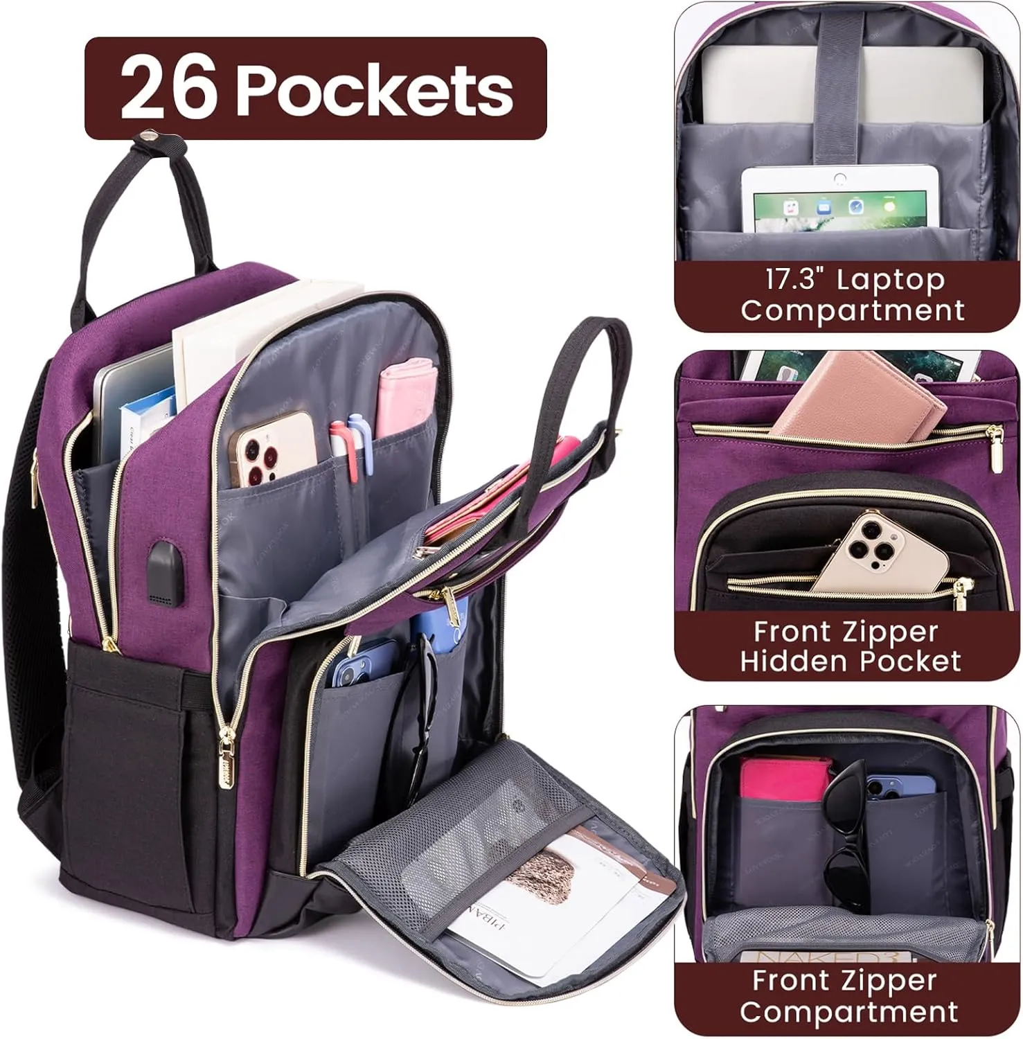 LOVEVOOK Backpack for Women,Laptop Backpack Women,Fits 17 Inch Laptop Bag,Fashion Travel Work Anti-theft Bag,Waterproof Business Computer College Teacher Backpack Purse Daypack, Purple-Black-Black