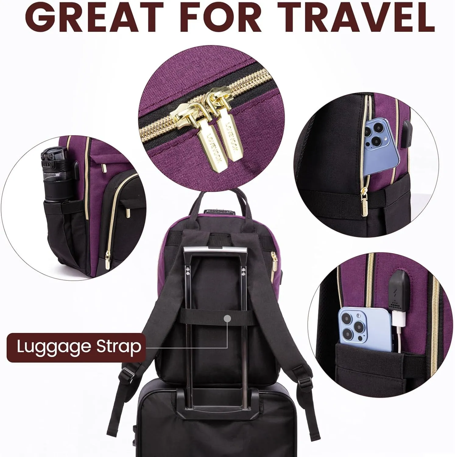 LOVEVOOK Backpack for Women,Laptop Backpack Women,Fits 17 Inch Laptop Bag,Fashion Travel Work Anti-theft Bag,Waterproof Business Computer College Teacher Backpack Purse Daypack, Purple-Black-Black