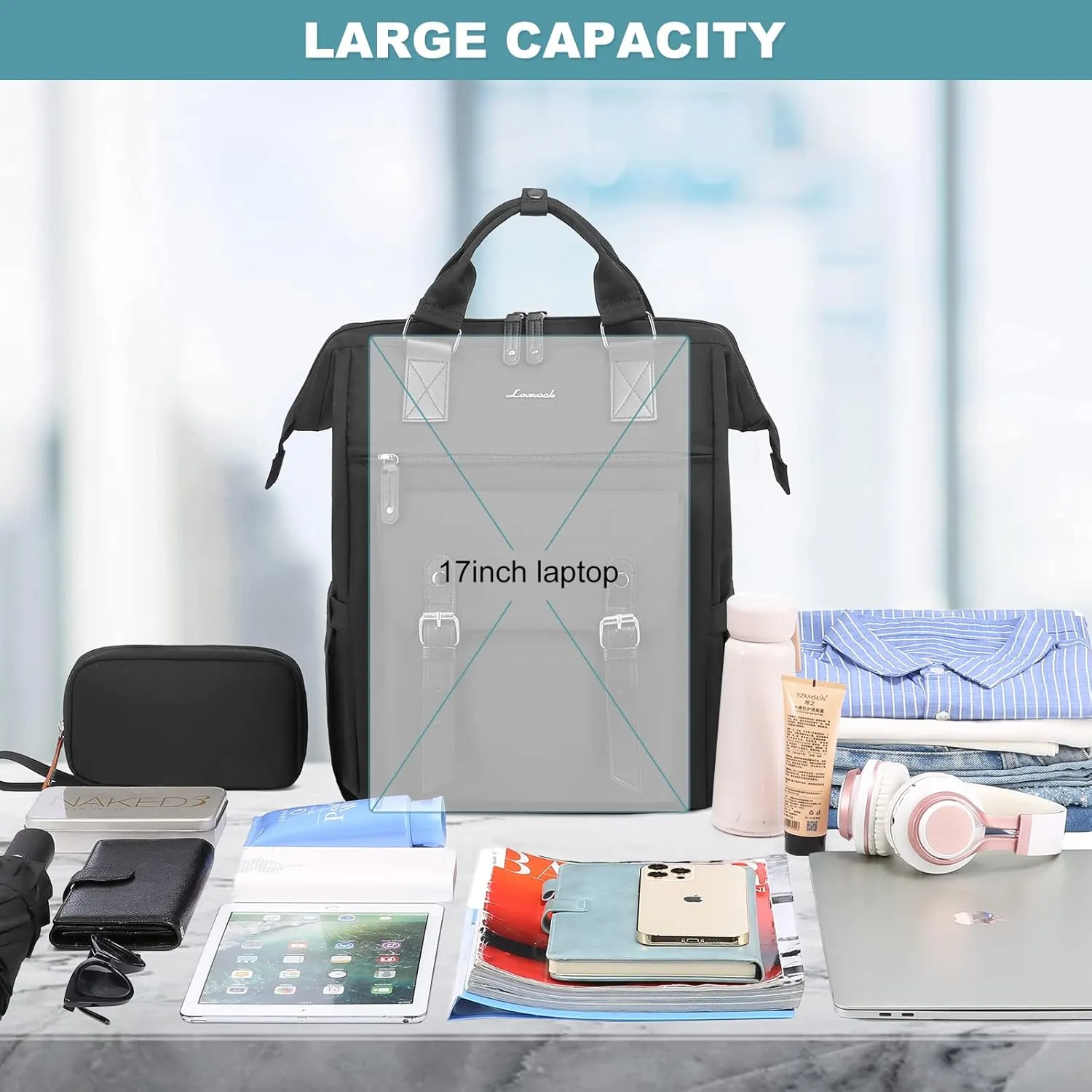 LOVEVOOK Laptop Backpack for Women Work Travel Commuter Backpack Business Computer Bag Doctor Nurse Bags College Backpack Purse, 17 Inch, Black-black