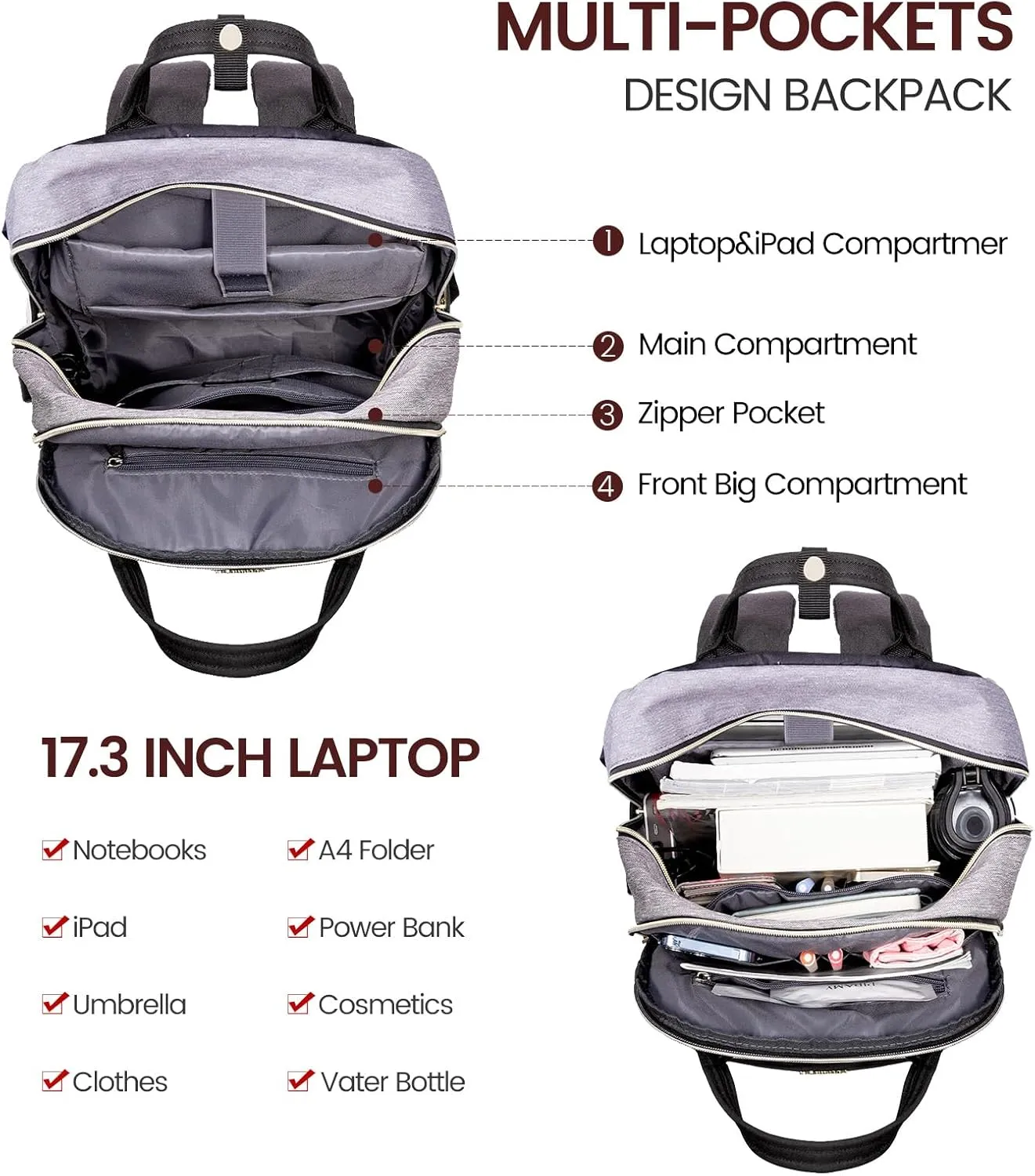 LOVEVOOK Laptop Backpack Women,Large Capacity 17.3 inch Laptop Bag Travel Backpack for Women,Computer Work College Teacher Backpacks with USB Port,Waterproof Personal Item Backpack Casual Daypack