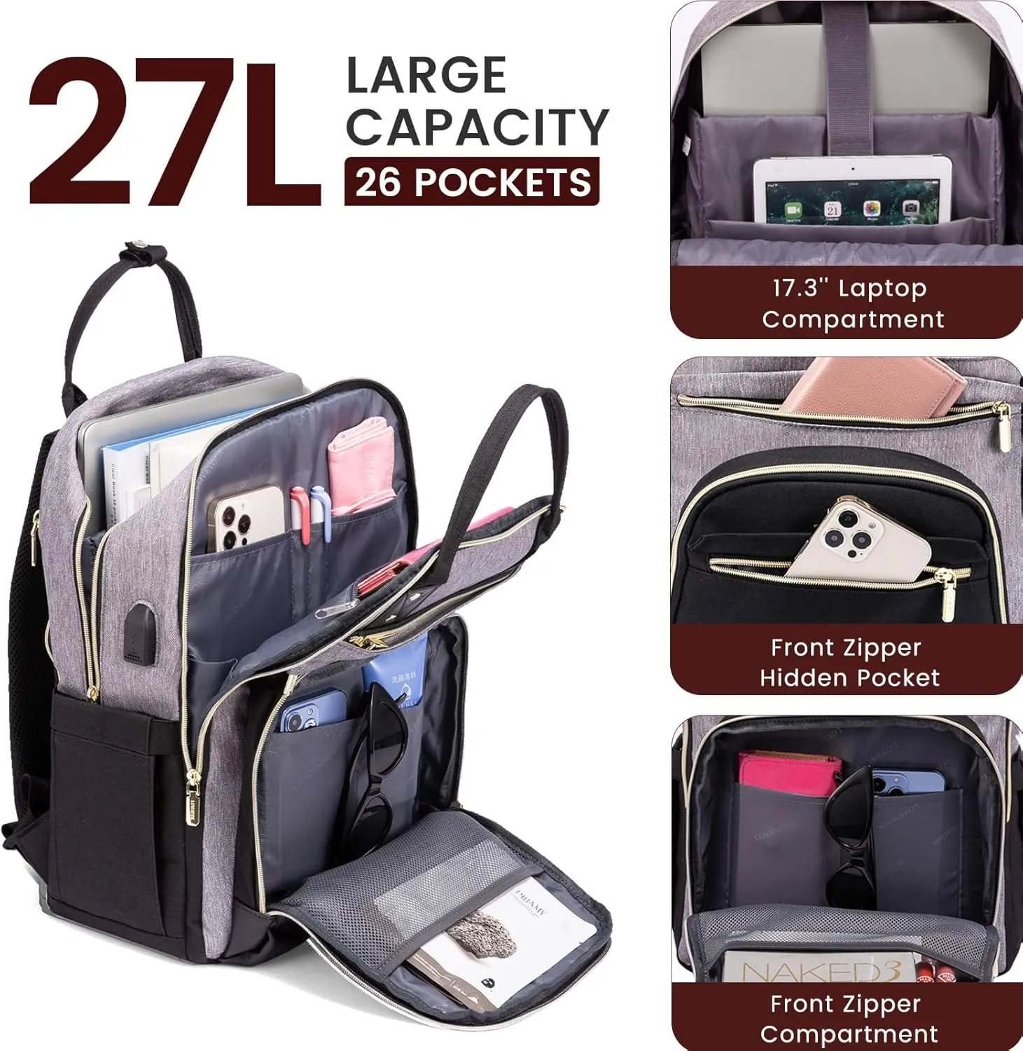 LOVEVOOK Laptop Backpack Women,Large Capacity 17.3 inch Laptop Bag Travel Backpack for Women,Computer Work College Teacher Backpacks with USB Port,Waterproof Personal Item Backpack Casual Daypack