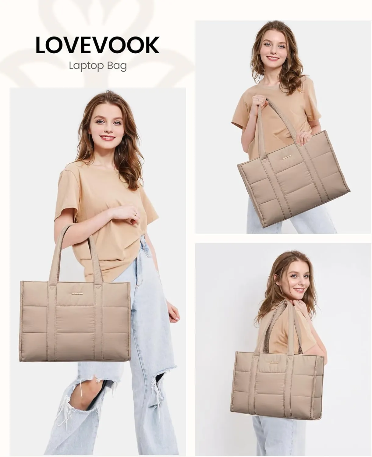 LOVEVOOK Laptop Bag for Women, Puffer Tote Bag for Work 15.6 Inch Large Computer Briefcase for Teacher Nurse, Quilted Lightweight Casual Shoulder Bag For Travel, Daily