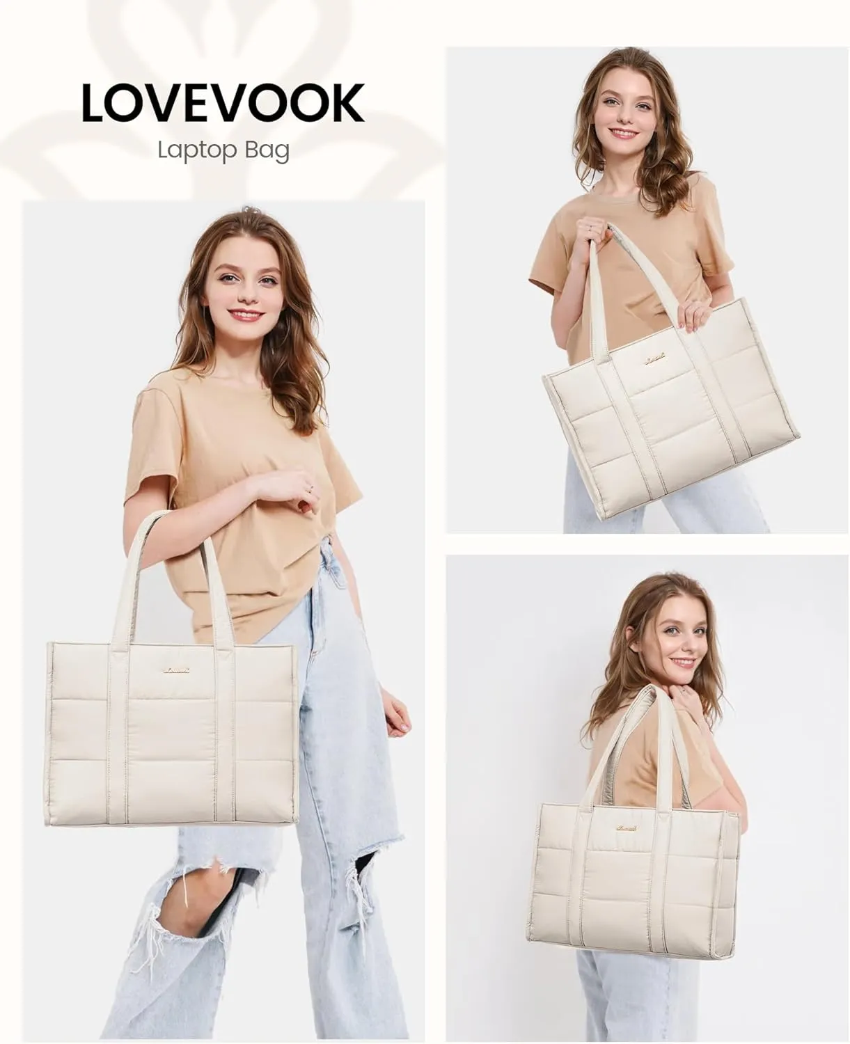 LOVEVOOK Laptop Bag for Women, Puffer Tote Bag for Work 17 Inch Large Computer Briefcase for Teacher Nurse, Quilted Lightweight Casual Shoulder Bag For Travel, Daily