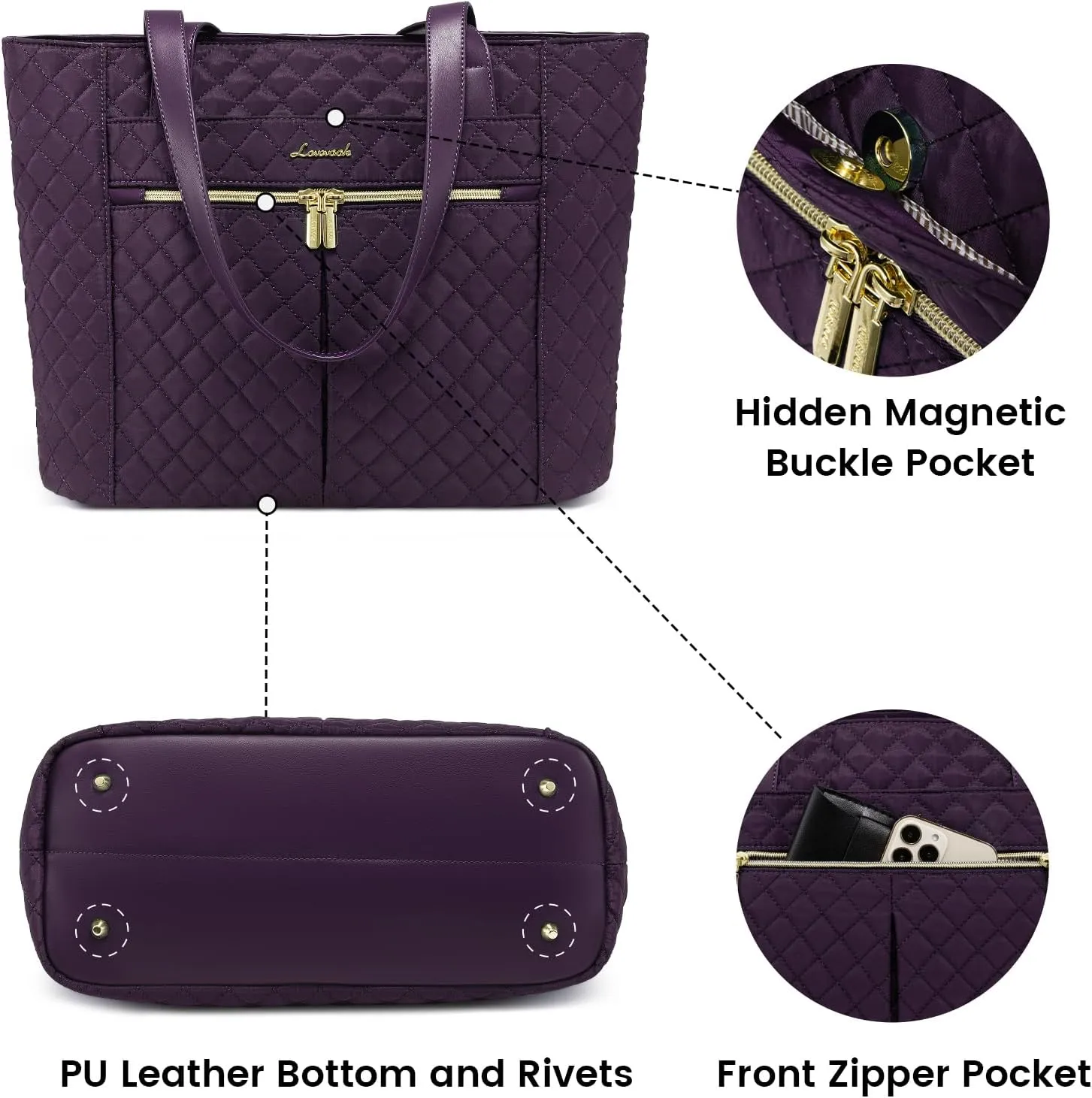 LOVEVOOK Laptop Bag for Women, Stylish Diamond Quilted Work Tote with Clutch Purse, 15.6-inch Purple Tote