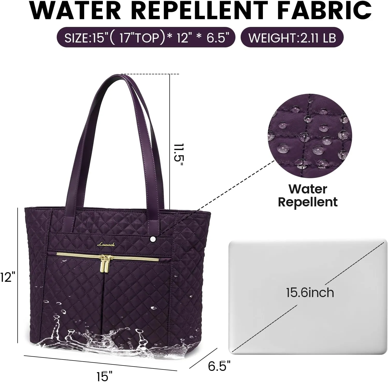 LOVEVOOK Laptop Bag for Women, Stylish Diamond Quilted Work Tote with Clutch Purse, 15.6-inch Purple Tote