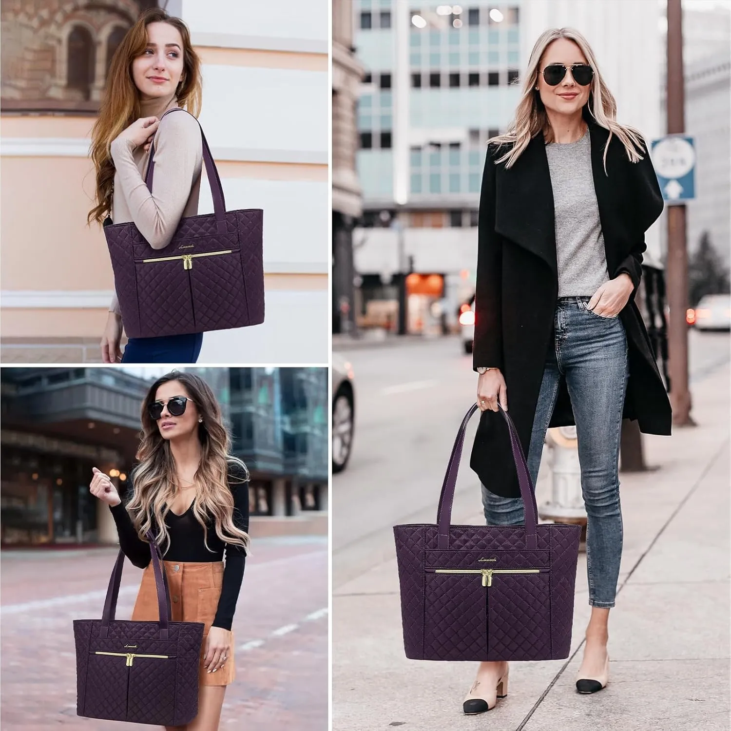 LOVEVOOK Laptop Bag for Women, Stylish Diamond Quilted Work Tote with Clutch Purse, 15.6-inch Purple Tote