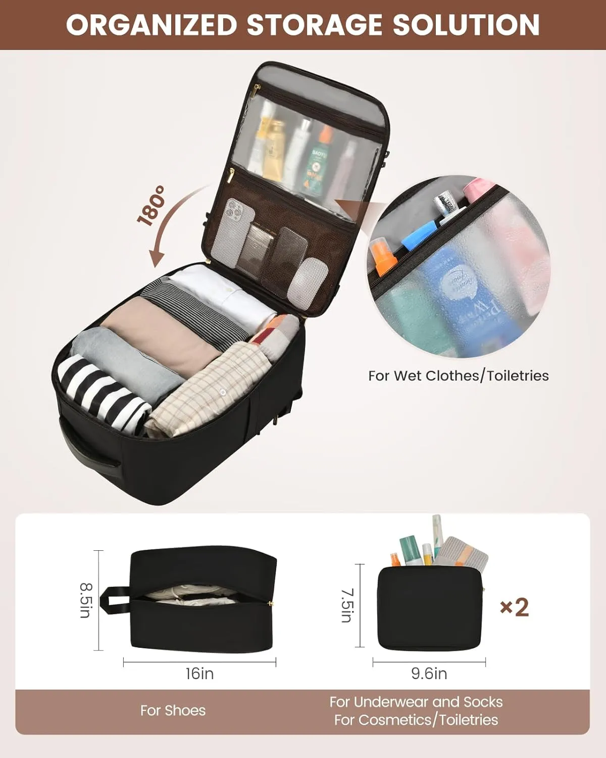 LOVEVOOK Travel Backpack For Women/Men, 50L Carry On Backpack, Flight Approved Personal Item Travel Bag, Large Travel Essentials Water Resistant Daypack Weekender Bag Fits 18" Laptop With 3 Cubes