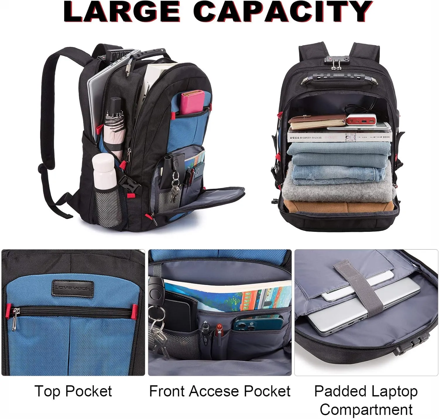 LOVEVOOK Travel Laptop Backpack Waterproof Anti Theft with Lock and USB Charging Port Large Computer Business Backpack for Men Women College (15.6 inch, Blue)