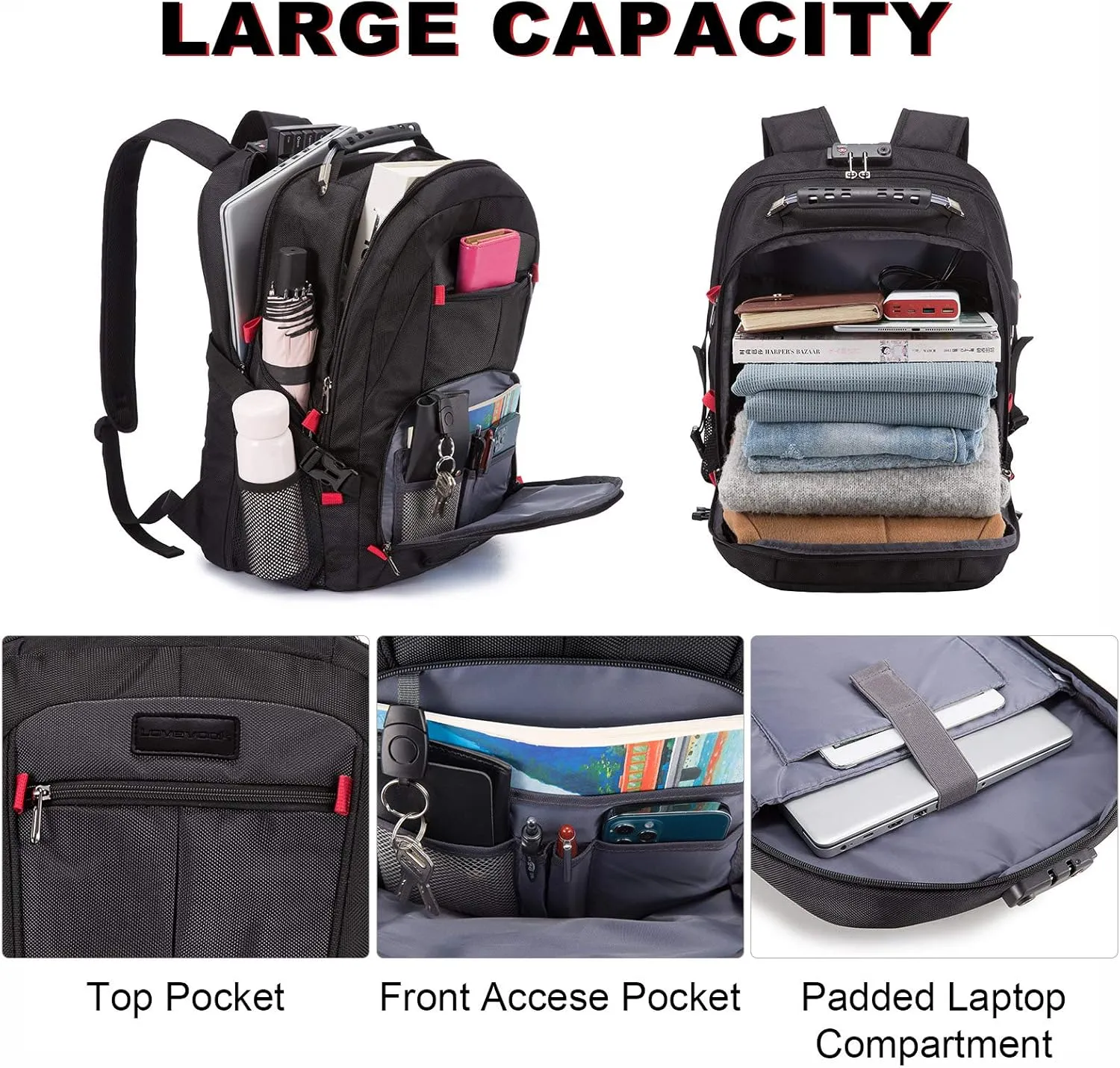 LOVEVOOK Travel Laptop Backpack Waterproof Anti Theft with Lock and USB Charging Port Large Computer Business Backpack for Men Women College (17 inch, Black)