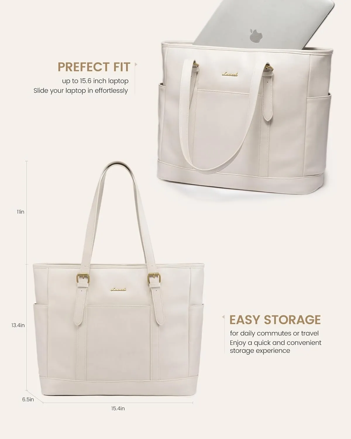 LOVEVOOK Vintage Leather Work Tote for Women - 15.6 Inch Computer Briefcase, Waterproof Teacher Business Office Bag, White