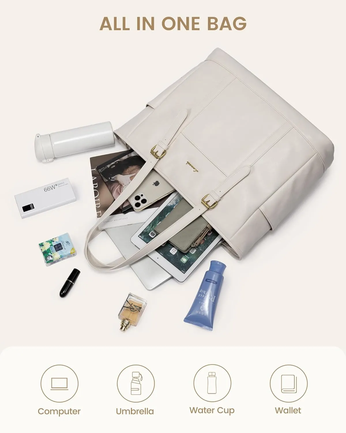 LOVEVOOK Vintage Leather Work Tote for Women - 15.6 Inch Computer Briefcase, Waterproof Teacher Business Office Bag, White