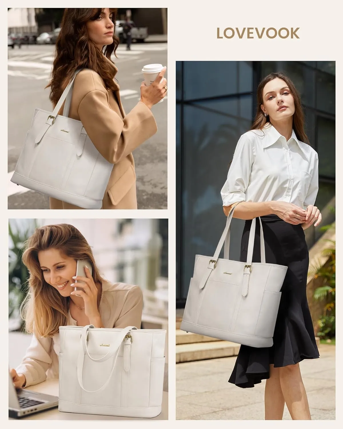 LOVEVOOK Vintage Leather Work Tote for Women - 15.6 Inch Computer Briefcase, Waterproof Teacher Business Office Bag, White