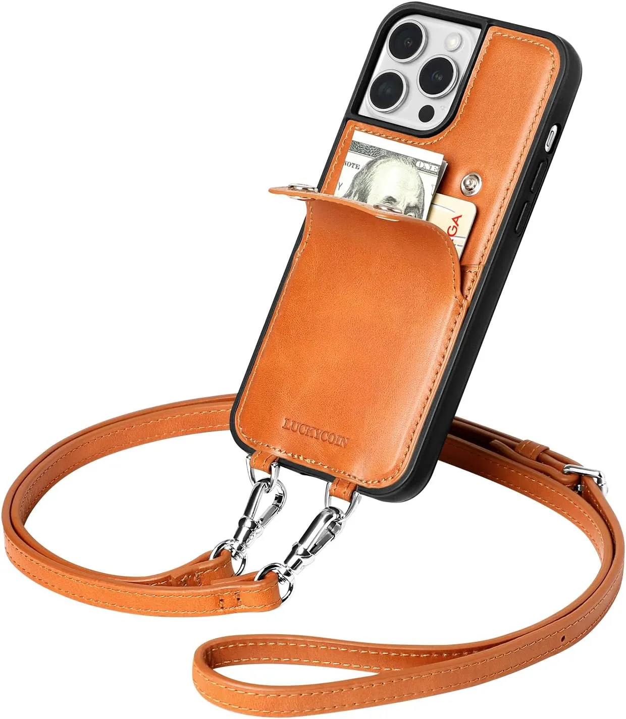 LUCKYCOIN for iPhone 13 Pro Max Case 6.7 in Women's Leather Wallet Phone Case with Card Holder & Detachable Crossbody Strap,Phone Purse with Strap,Crossbody Bag Compatible with iPhone 13 Pro Max Brown